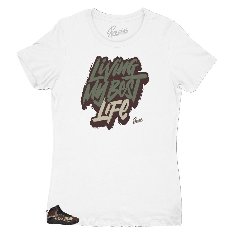Jordan 10 woodland Camo womens sneaker matches womens t shirts created to match perfectly with the Jordan 10 woodland Camo sneakers