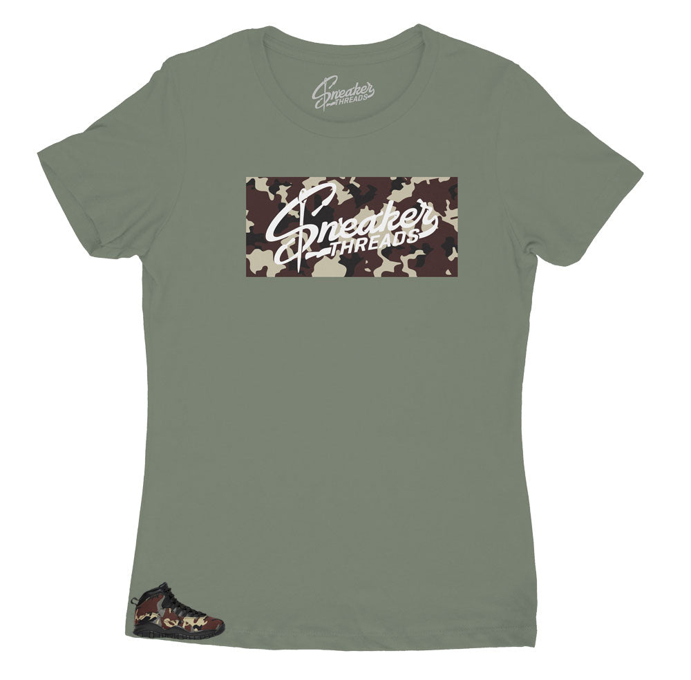 Womens tee collection designed to match perfectly with the womens Jordan 10 woodland Camo