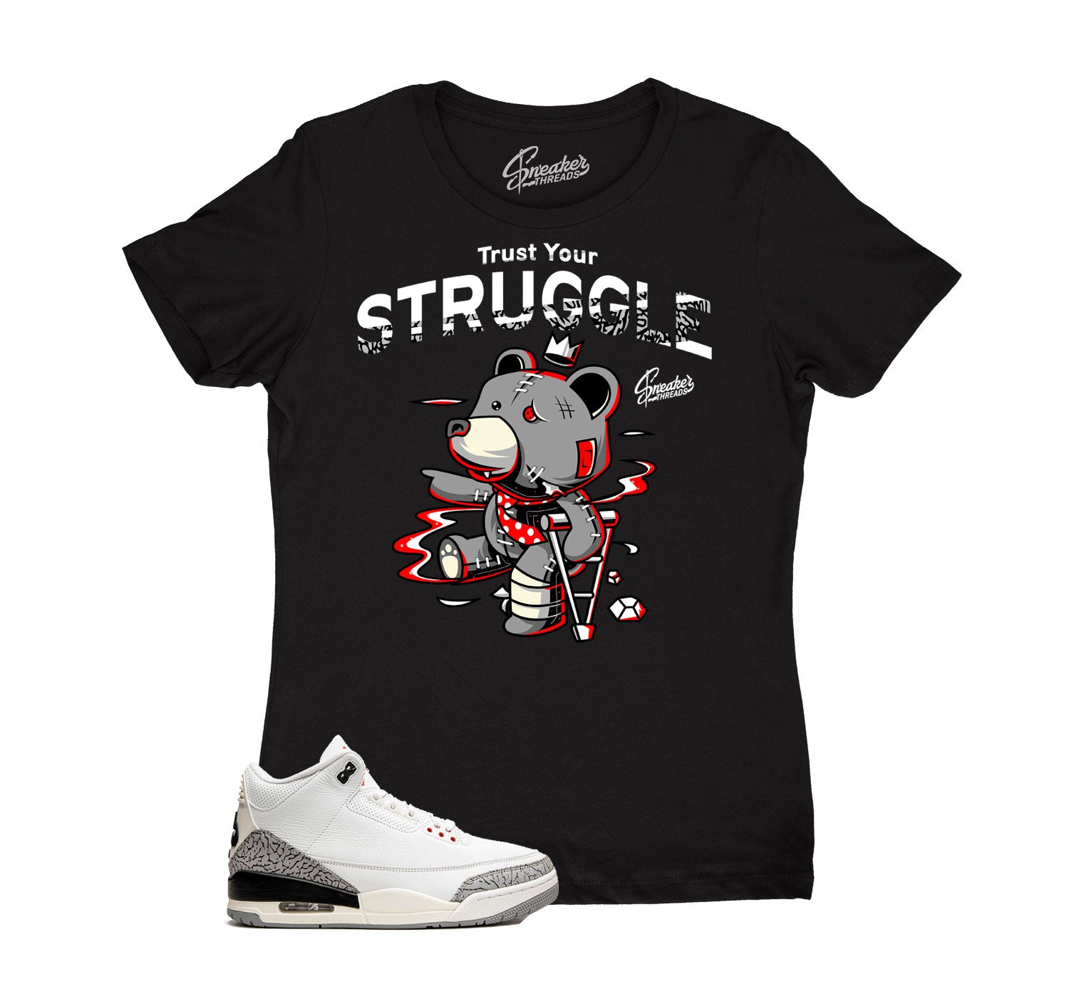 Womens White Cement 3 Reimagined Shirt - Trust Your Struggle - Black