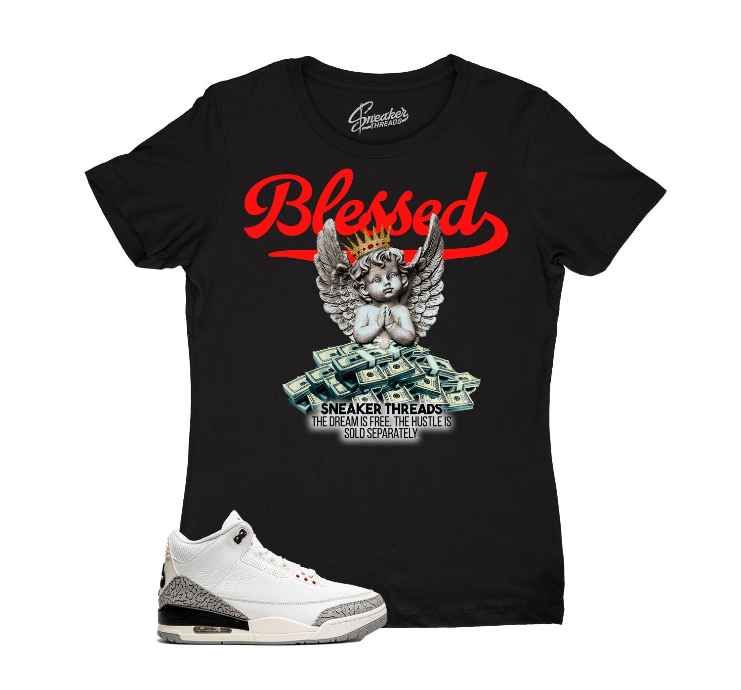 Womens White Cement 3 Reimagined Shirt - Blessed- Black